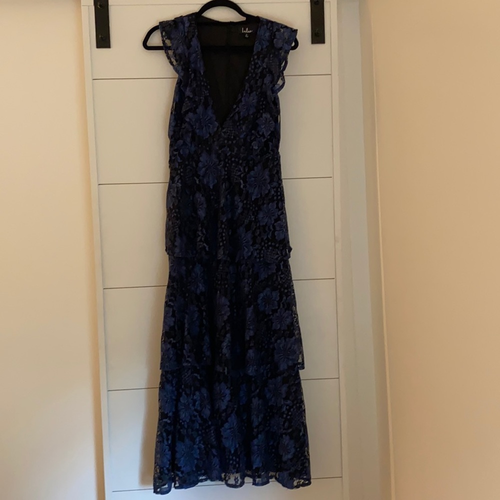 Navy and black lace tiered gown